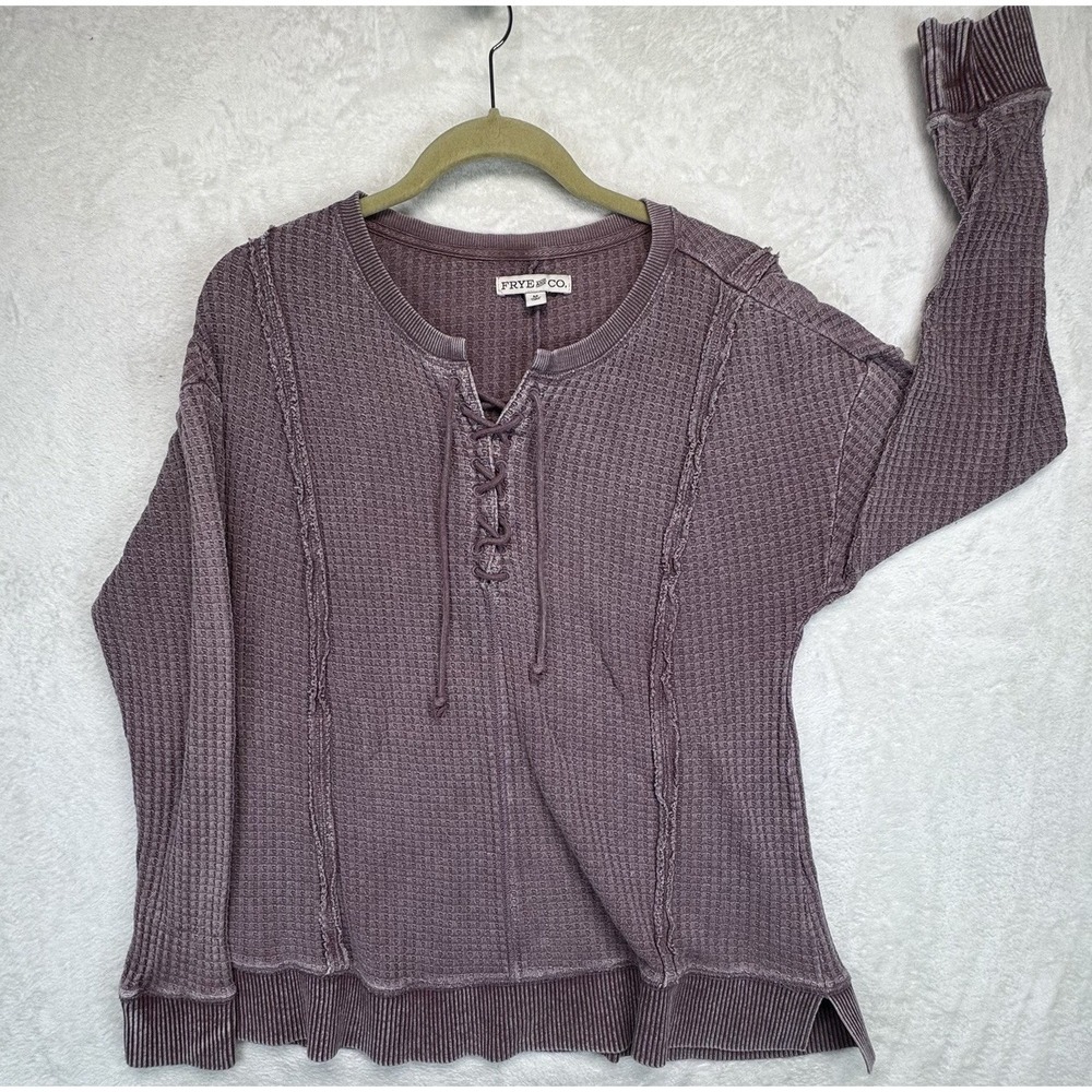 Frye & Co Waffle Knit Lace Up Henley Top Women's M Long Sleeve Purple Boho